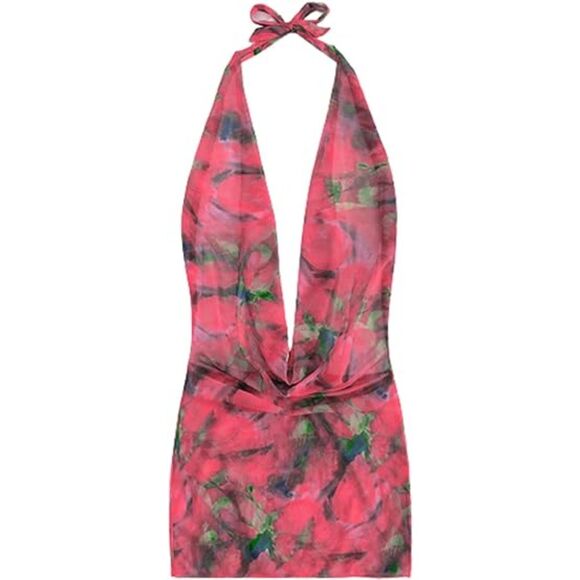 SHENHE Floral Print Halter Plunging Neck Sleeveless Backless Cover Up Dress Sz L - Picture 5 of 8